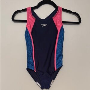 Speedo One Piece Swimsuit Blue and Pink Racerback Design